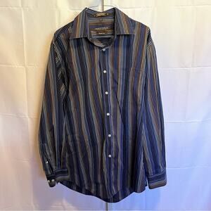 Forsythe of Canada Blue & Brown Striped Dress Shirt Size L Wrinkle-Free Button
